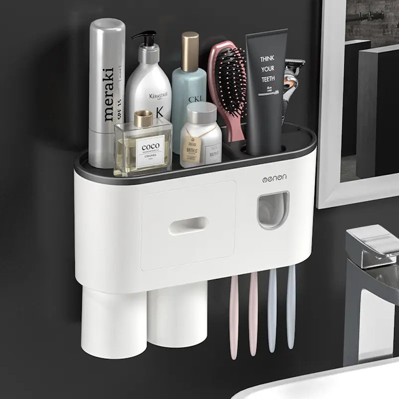 2023 Fashion Plastic Automatic Toothpaste Dispenser 2 Cup Magnetic Wall Mounted Holder