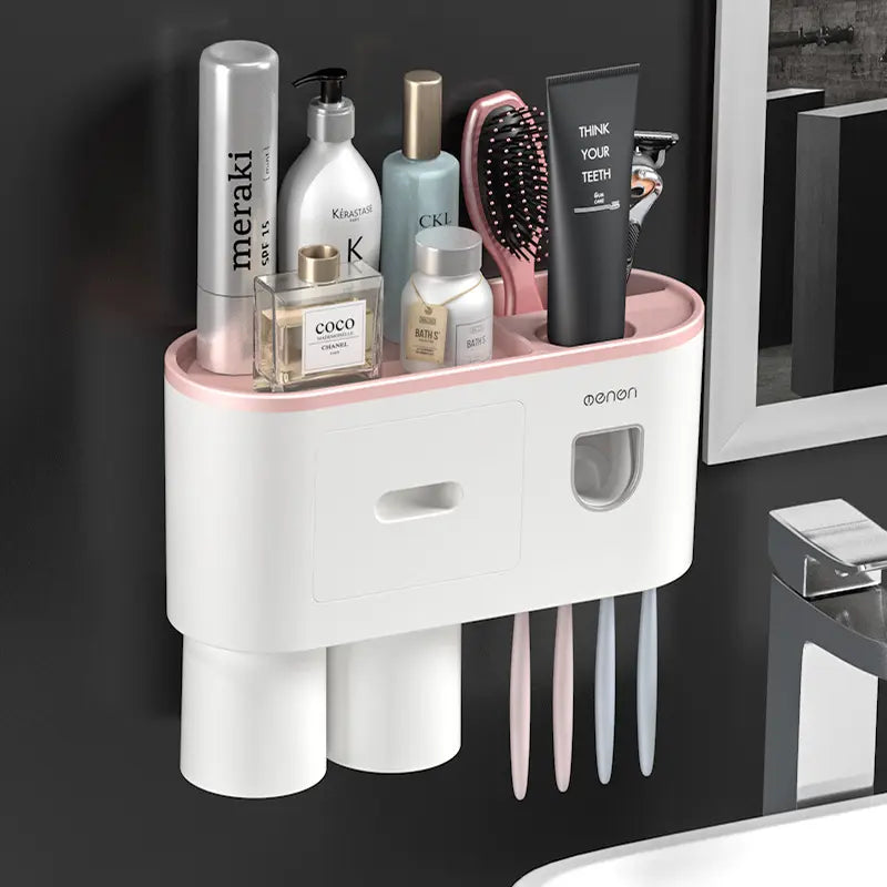 2023 Fashion Plastic Automatic Toothpaste Dispenser 2 Cup Magnetic Wall Mounted Holder