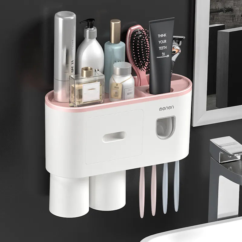 2023 Fashion Plastic Automatic Toothpaste Dispenser 2 Cup Magnetic Wall Mounted Holder