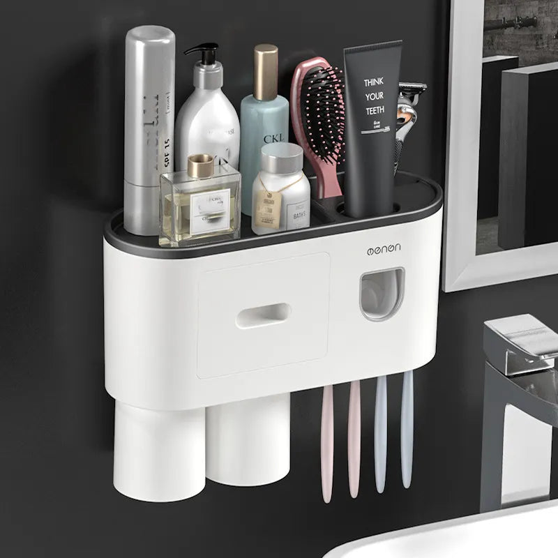 2023 Fashion Plastic Automatic Toothpaste Dispenser 2 Cup Magnetic Wall Mounted Holder