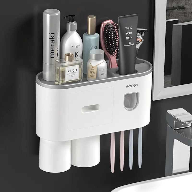 2023 Fashion Plastic Automatic Toothpaste Dispenser 2 Cup Magnetic Wall Mounted Holder