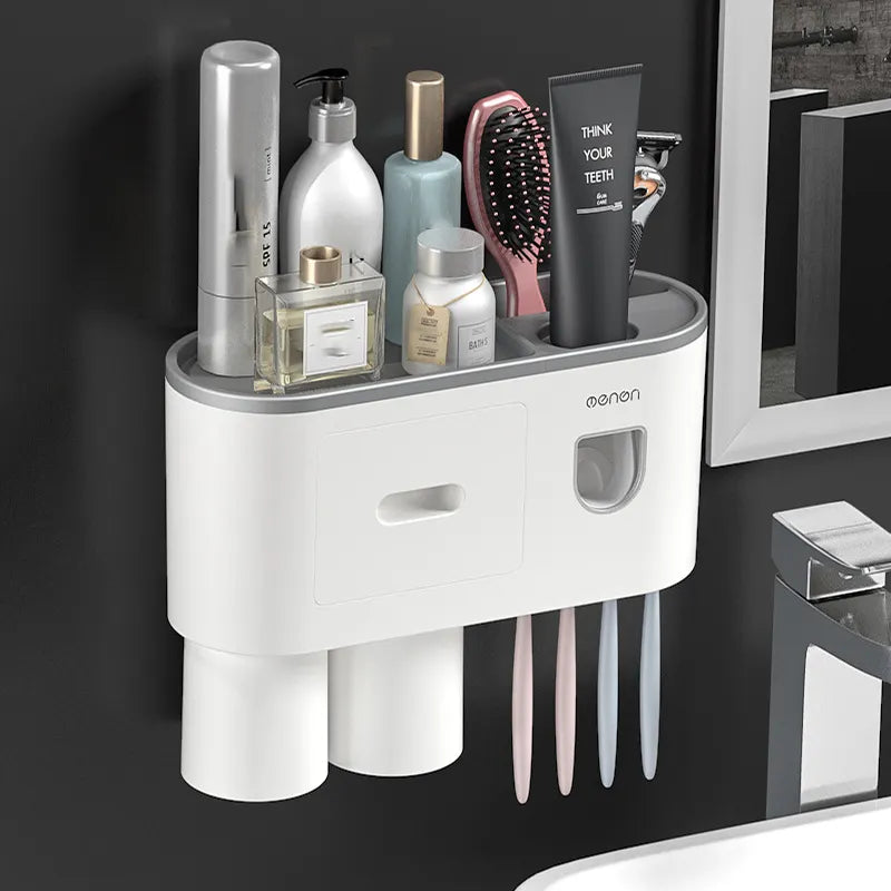 2023 Fashion Plastic Automatic Toothpaste Dispenser 2 Cup Magnetic Wall Mounted Holder